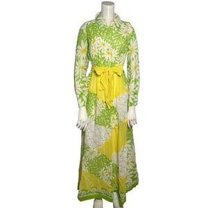 Vintage 1970s Daisy Patchwork Maxi Dress Prairie Cottagecore Belted SMALL